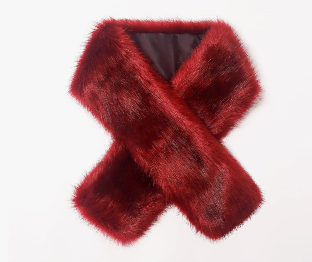 2024 Faux Fur Wrap - Cranberry/White